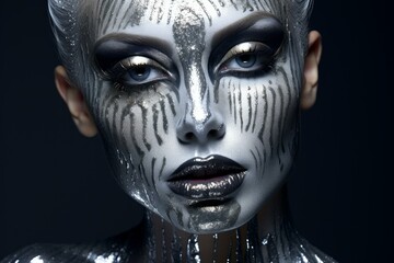 Silver makeup woman glitter. Art skin. Generate Ai