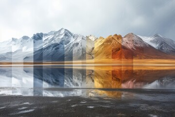 vertical segmented images of abstract landscapes and environments of mountains, snow, lakes and...