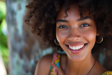 Close-up portrait of a joyful African American woman with curly hair and a bright smile, natural backdrop.