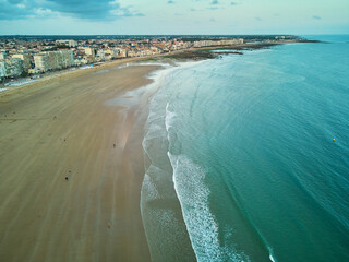 Aerial drone view of sand beach in Les Sables d'0lonne , France
