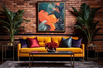 Art Deco Lounge: Exposed Brick Wall, Gold Frames & Bold Color Palette Design