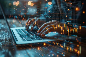 Professional analyzes financial statistics and market trends digitally