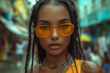 Fototapeta na wymiar Striking woman with wet hair and yellow sunglasses, a vivid portrait of urban cool against the colorful blur of city life.