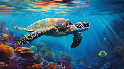 Obraz premium Turtle gliding through the ocean depths