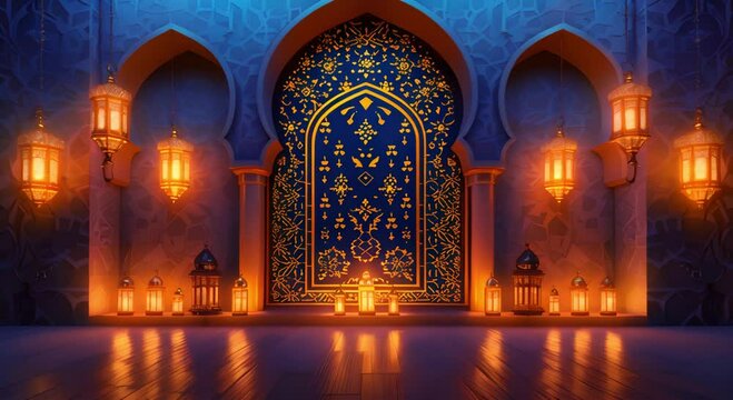 Ramadan Kareem Lantern Podium Stage Design Mosque Window Decor and Illuminated Setting
