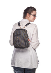 Urban Explorer in Monochrome: Woman in White Shirt With Black Backpack