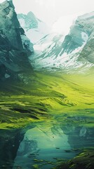 vertical segmented images of abstract landscapes and environments of mountains, snow, lakes and Grass and dirt - obrazy, fototapety, plakaty
