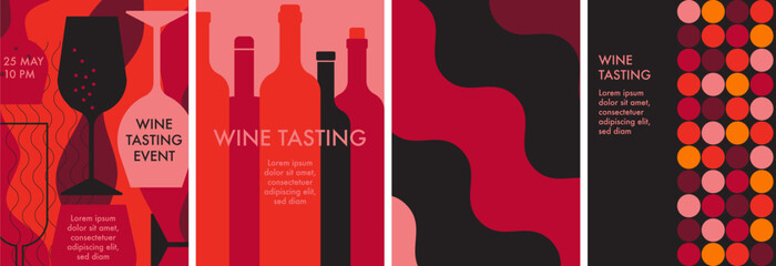Wine abstract minimal flat design. Glass of red and white sparkling wine, champagne. Wine bottles. Restaurant menu, invitation for an event, festival, party. Wine tasting concept in red, pink, orange - 750993919