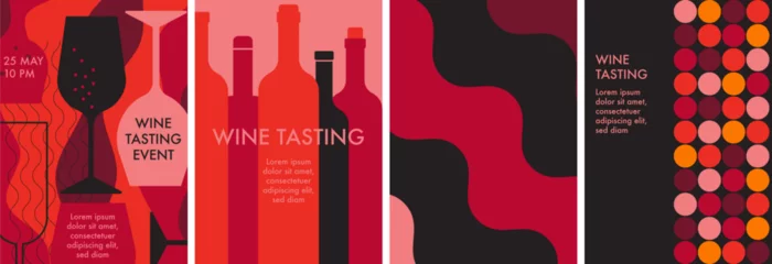 Fotobehang Wine abstract minimal flat design. Glass of red and white sparkling wine, champagne. Wine bottles. Restaurant menu, invitation for an event, festival, party. Wine tasting concept in red, pink, orange © Mariia