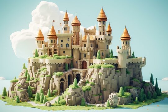 Simple carton castle for kids. Cardboard medieval castle for children playing. Generate ai