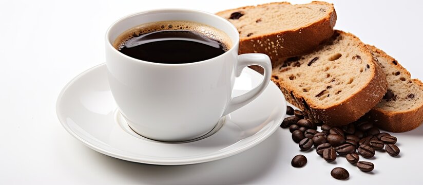 A white cup filled with black coffee sits next to slices of whole wheat bread on a clean, white background. The coffee and bread are the main focus of the image.