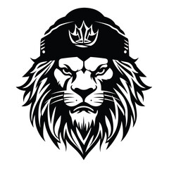 lion head wearing a hat black and white vector illustration isolated transparent background, logo, cut out or cutout t-shirt print design,  poster, baby products, packaging design, tribal tattoo