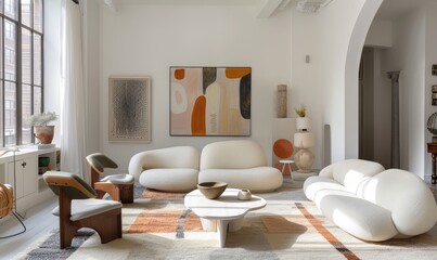 Postmodernist style living room with furniture, art and painting