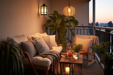 Retro Lighting Fixtures and Warm Neutrals: Balcony Ambiance with Simple Functional Furniture