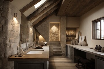 Bamboo and Stone Fixtures in Rustic Loft: Chic Blend with Stucco Walls