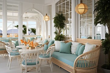 Nautical Color Schemes and Vintage Glass Panel Inspo in a Beach Cafe Interior with Rattan Seating