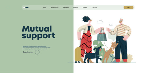 Mutual Support: Pet-sitting -modern flat vector concept illustration of a woman going on vacation leaving her dogs with neighbor. A metaphor of voluntary, collaborative exchanges of resource, services