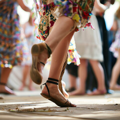 A close-up shot of dancers' feet as they swirl around the Maypole, capturing the energy and...