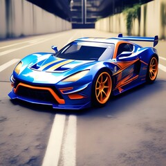 Blue Sports Car with Orange Accents and Racing Stripes