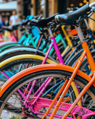 Fototapeta na wymiar A close-up shot of colorful bicycles lined up outside a bustling café, capturing the vibrancy and energy of a bike-friendly community