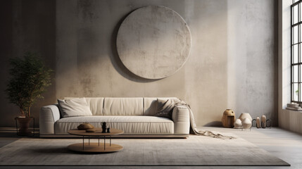 A stylish living room with a textured wall finish, a round rug, and a grey sofa