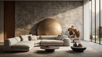 A stylish living room with a textured wall finish, a round rug, and a grey sofa