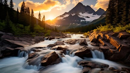 Mountain river in the Canadian Rockies at sunrise. Panorama. - obrazy, fototapety, plakaty