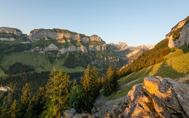 Beautiful early morning summer view with warm light on Marwees mountain and summit, seen from...