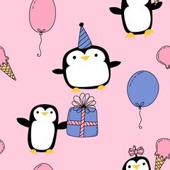 Birthday party animals seamless penguin pattern for wrapping paper and fabrics and kids print and summer print
