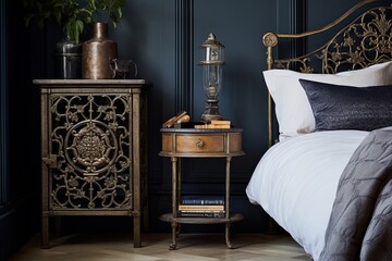 Iron Bedside Table in Ornate Bedroom with Detailed Scrollwork Structures