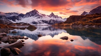 Fototapeta na wymiar Mountain lake panorama at sunset with reflection in water, Switzerland