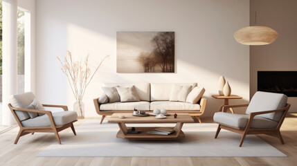 A stylish living room with sustainable furniture, including a velvet armchair, a modern wooden coffee table, and a set of minimalist side tables