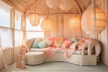 Bohemian Beach Hut: Coral, Seashell Accents, Pastel Textiles, Bamboo Light Fixtures