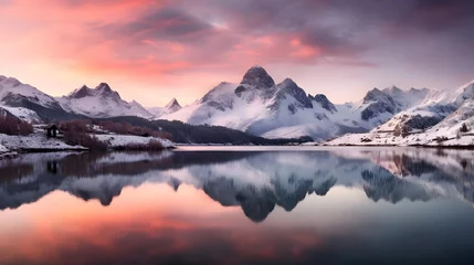 Draagtas Beautiful panoramic landscape of snowy mountains reflected in water at sunset © Iman