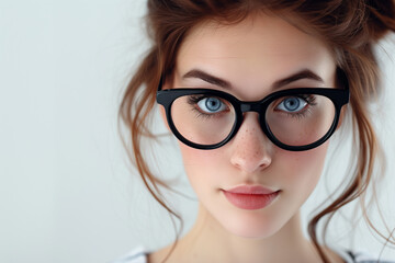 Fototapeta premium Portrait of a young female with striking blue eyes and round glasses, highlighted by freckles and a soft natural look.