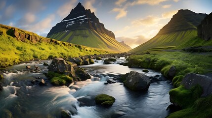 Panoramic view of the Kirkjufell mountain range in Iceland