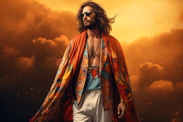 Fototapeta premium Illustration of male fashion model wearing bohemian outfit
