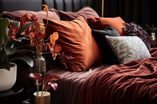 Bohemian Chic: Luxurious Velvet Bedding with Art Deco Accents, Terracotta Pillows, and Lush Plant Displays