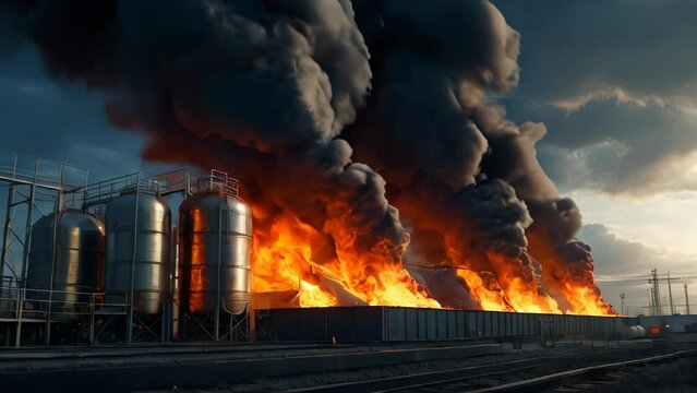 Oil storage fire. A metal industrial tank farm is on fire. Black smoke billows in the sky. Concept technogenic disaster and ecological catastrophy