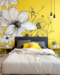 Bed with black headboard against yellow floral pattern wall. Scandinavian interior design of modern bedroom.