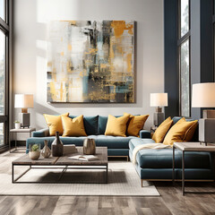 Blue sofa with yellow pillows and art poster. Hollywood glam home interior design of modern living room.