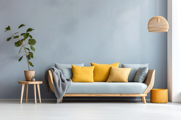 Sofa with yellow pillows against blue stucco wall with copy space. Scandinavian home interior design of modern living room.