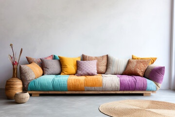 Colorful patchwork sofa against stucco wall with copy space. Eclectic, moroccan home interior design of modern living room. - obrazy, fototapety, plakaty