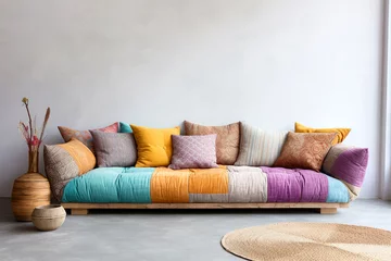 Photo sur Plexiglas Style bohème Colorful patchwork sofa against stucco wall with copy space. Eclectic, moroccan home interior design of modern living room.