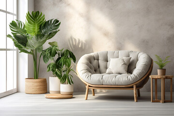 Grey snuggle chair against stucco wall. Boho home interior design of modern living room. - obrazy, fototapety, plakaty