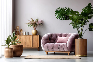 Purple tufted snuggle chair. Boho home interior design of modern living room. - obrazy, fototapety, plakaty