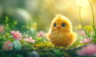 Yellow newborn chick on spring field or garden. Cute fluffy chicken on summer meadow with green grass and flowers. Easter concept. Funny bird character for banner, card, flyer or poster