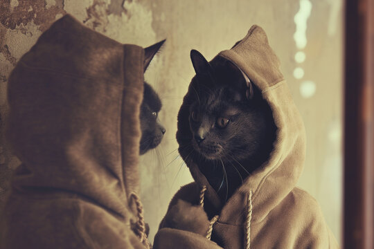 Quaint cat in a hooded robe, gazing at its reflection with a pensieve look, adding an amusing touch to pet photography.