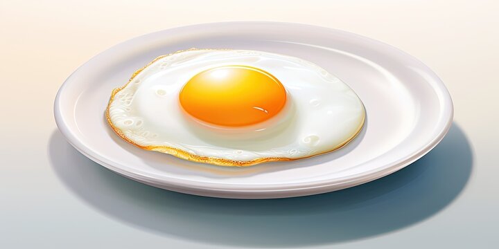 Artistic depiction of a sunny side up egg with yolk and white paint on a white plate in sunlight