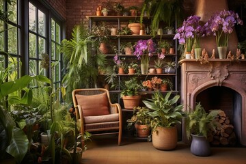 Fototapeta na wymiar Bohemian Sanctuary: Fern and Orchid Vibe in Terracotta Pot Haven
